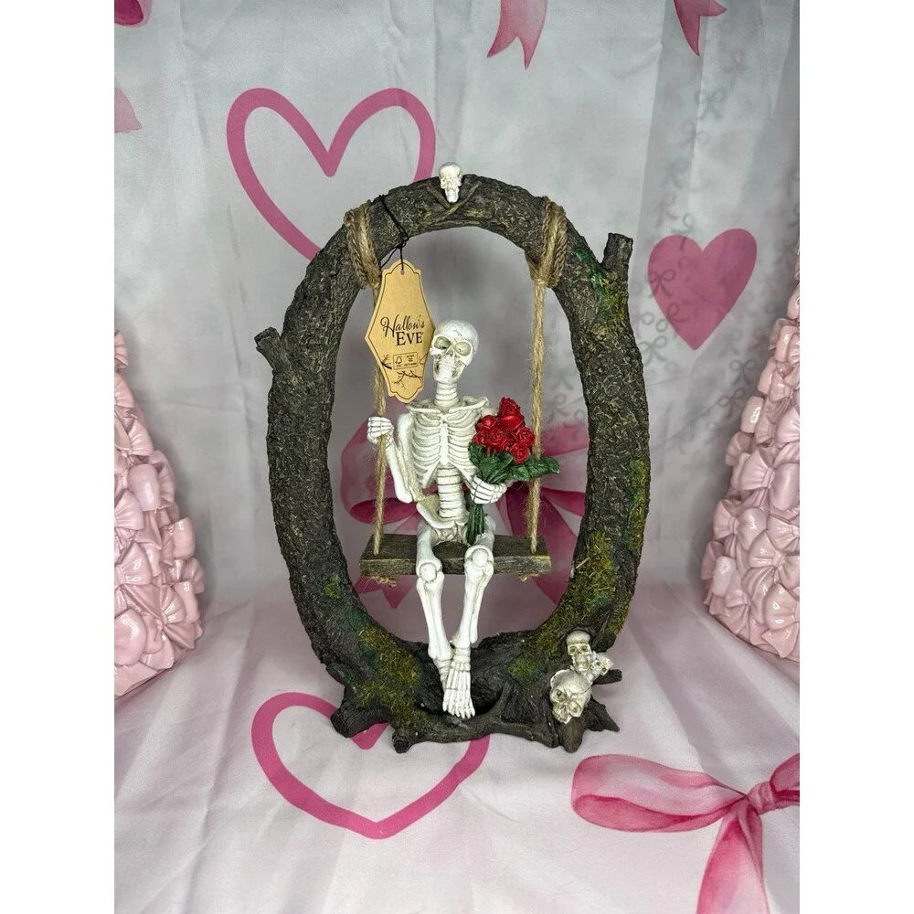 Viral Halloween Skeleton with Roses on a Tree Swing
